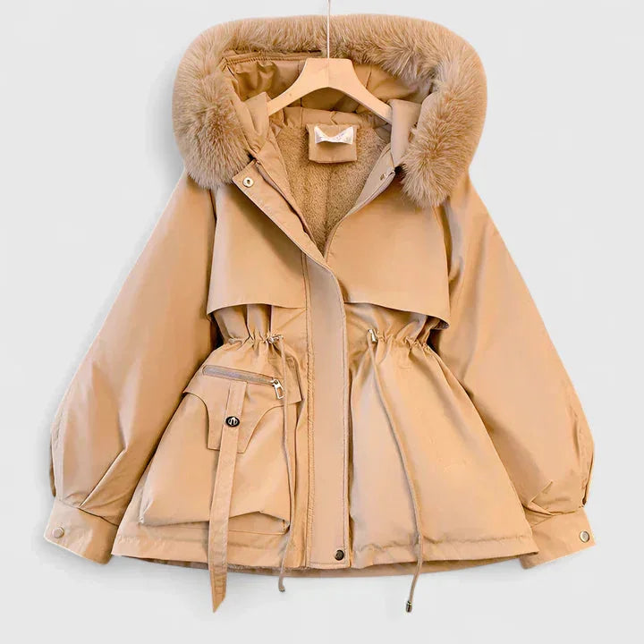 Women's zip-up faux fur hood parka with trim in Khaki