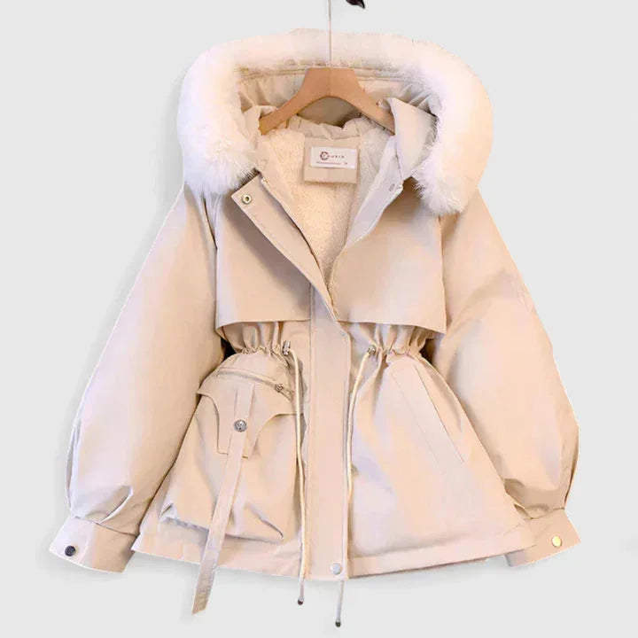 Women's zip-up faux fur hood parka with trim in White