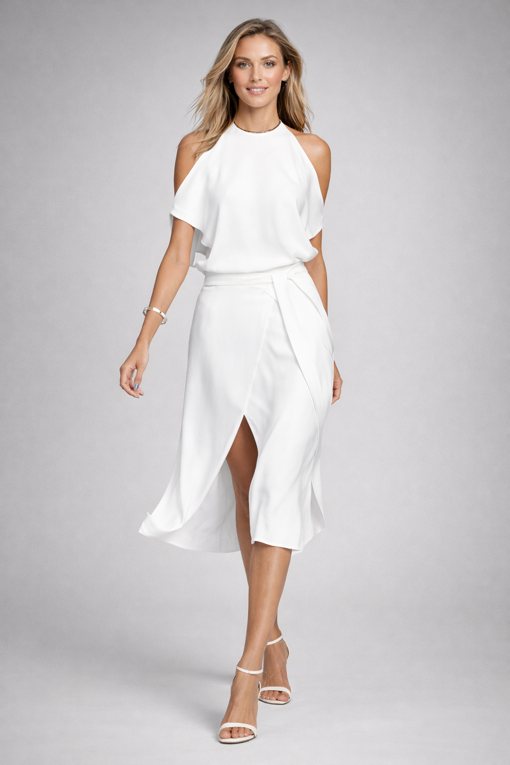 Vestido midi de mujer con hombros al descubierto | Vestido de cuello halter de mezcla de algodón resistente a las arrugas, ideal para bodas de verano y eventos formales