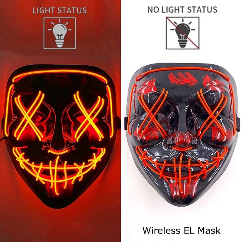 Bezdrátová neonová LED maska na pročištění – maska na Halloween a cosplay, která svítí ve tmě