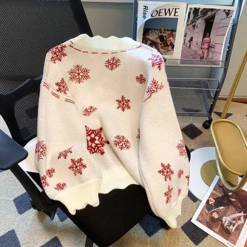 Pull de Noël pour femme à motifs de flocons de neige – Pull en maille blanc vintage avec imprimé de flocons de neige rouges