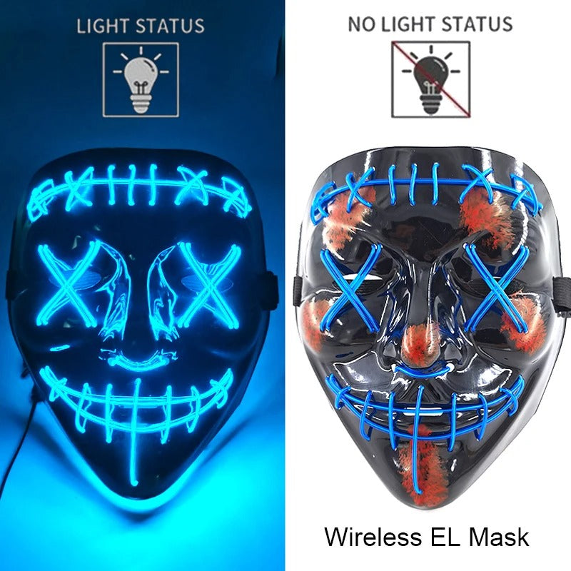 Bezdrátová neonová LED maska na pročištění – maska na Halloween a cosplay, která svítí ve tmě