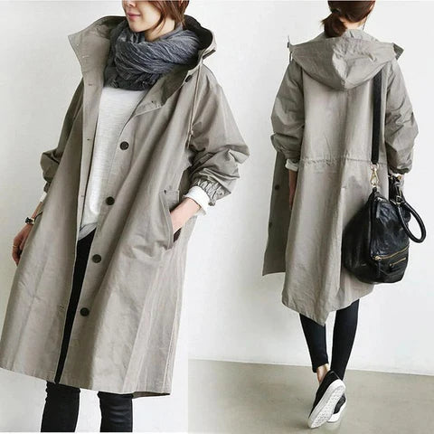 Trench lungo da donna con cappuccio
