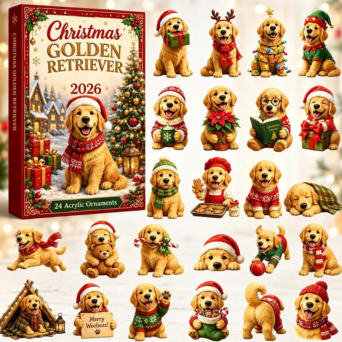 Calendar de Advent pentru Crăciun 2026 – Pandantiv drăguț cu un Golden Retriever american – Calendar cu numărătoare inversă de 24 de zile – Pandantiv cu un câine în formă de brad de Crăciun 2D