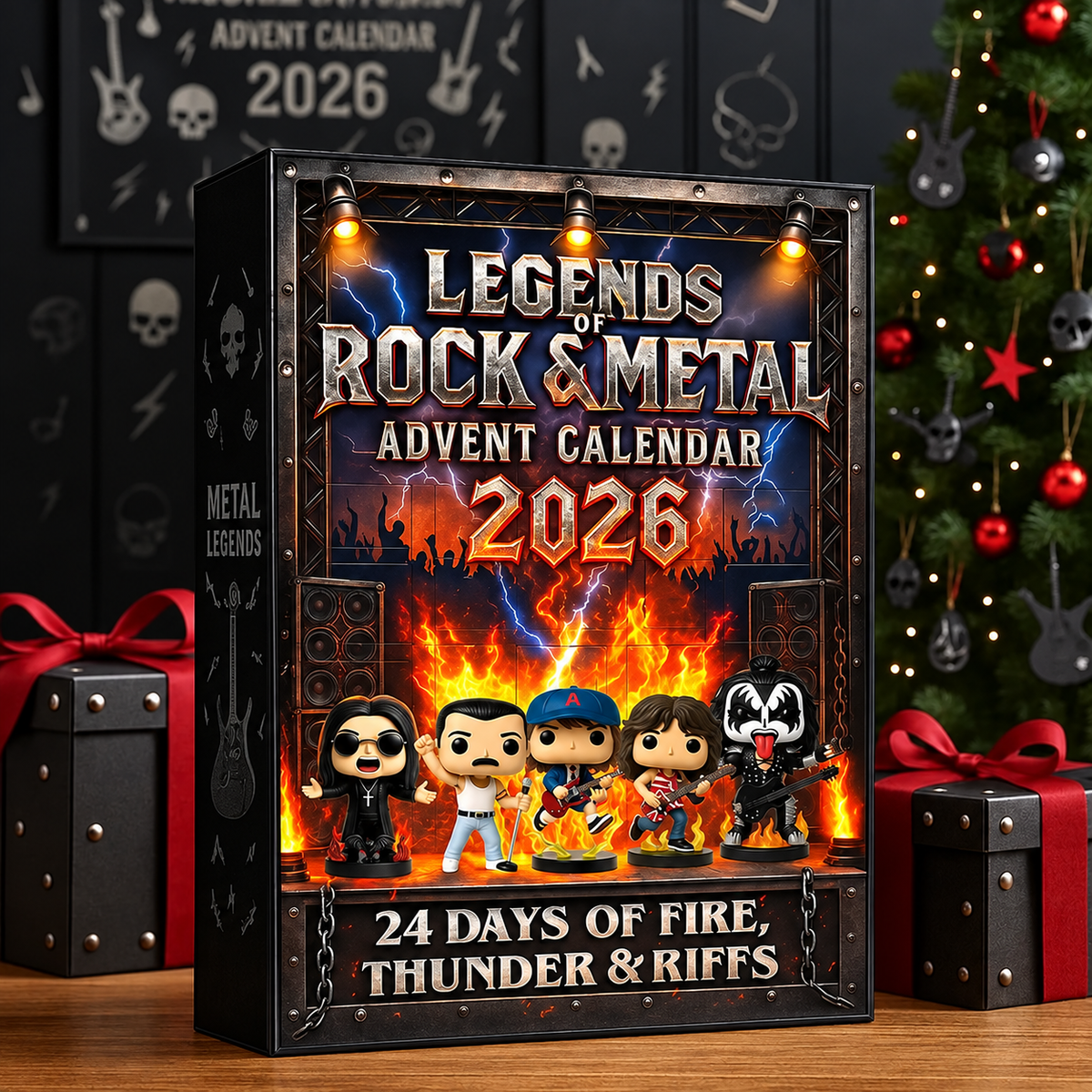Rock Legends adventi naptár 2026 | 24 darabos zenei ikonokból álló gyűjtői szett rockzenekar-miniatűrökkel és gitáros figurákkal