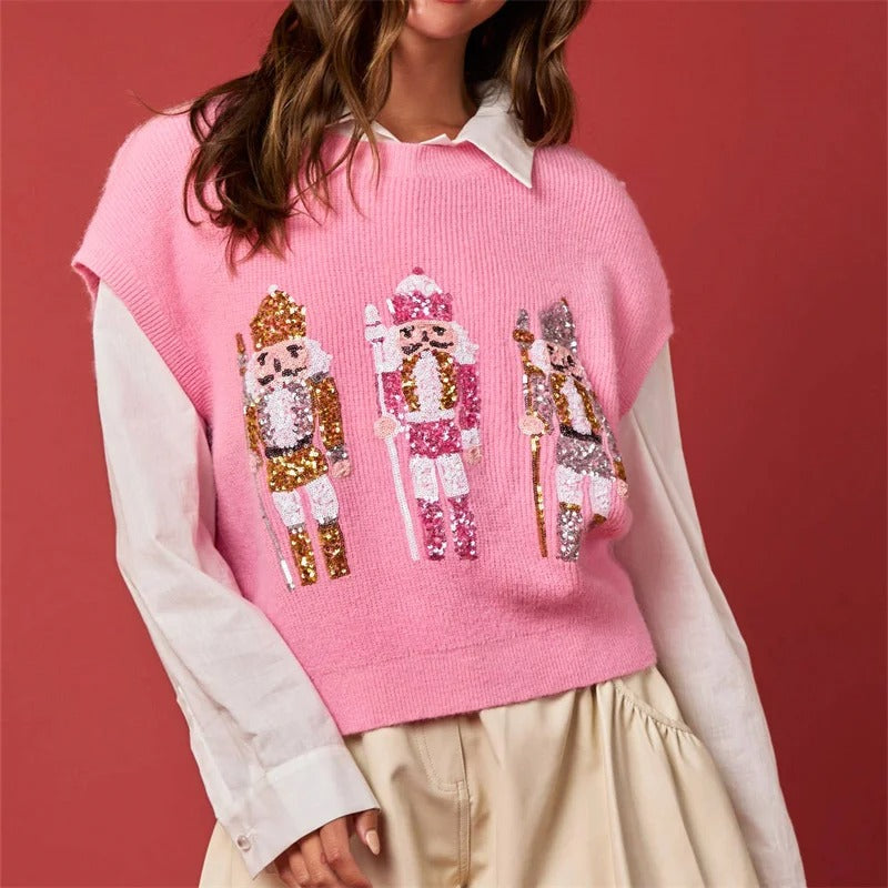 Gilet de Noël pour femme – Cardigan festif à boutons, orné de paillettes représentant des bonhommes en pain d'épices et des cannes à sucre