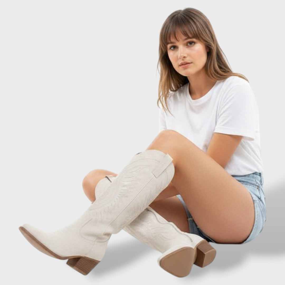 Women's Orthopedic Cowboy Boots | Suede Western Tall Boots with Embroidered Wing Detail and Comfortable Block Heel Support
