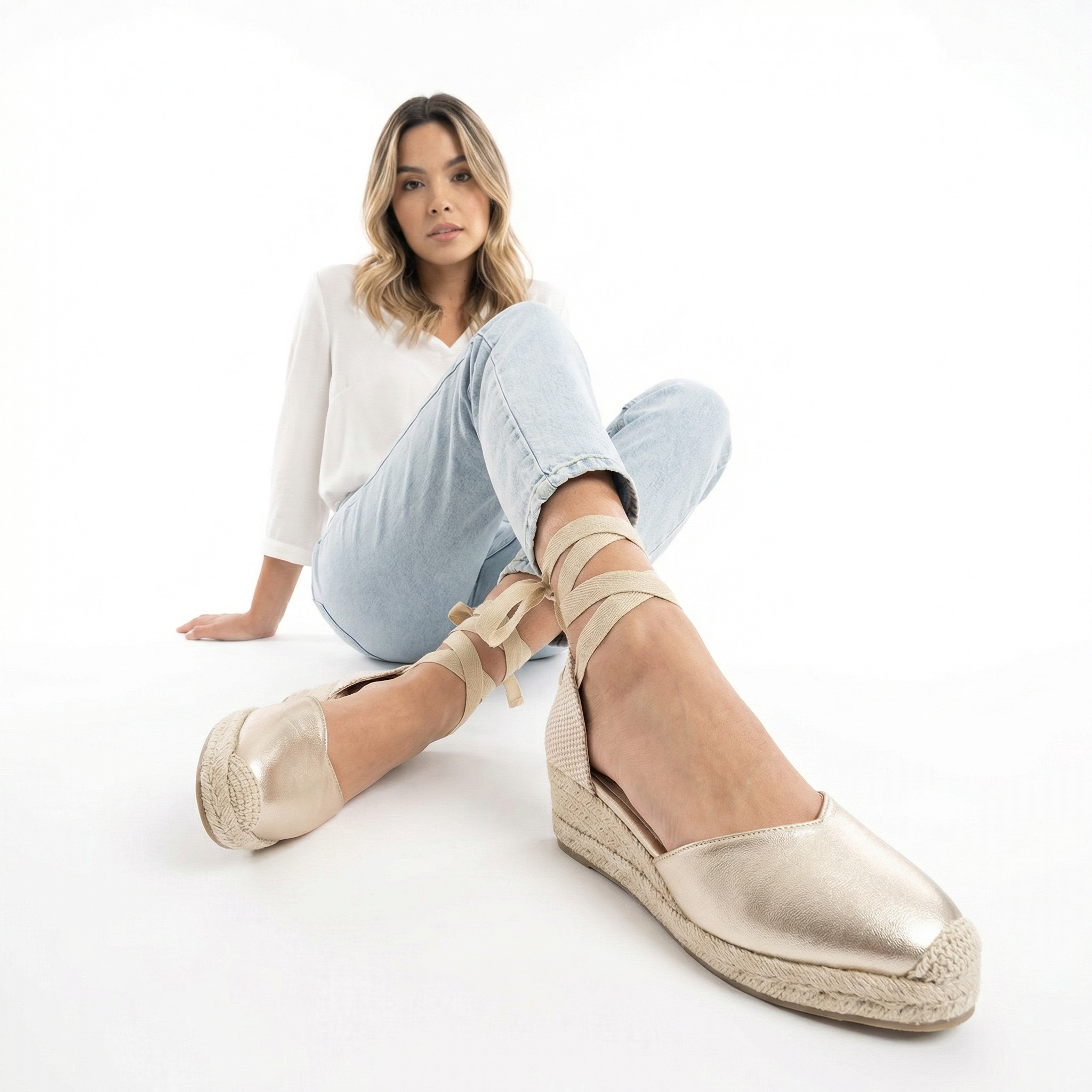Ortopædiske espadrille-sandaler med kilehæl til kvinder | Behagelige lærredssko med lav hæl, lange ankelbånd og skridsikker sål
