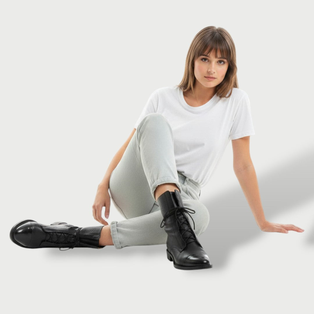 Women's Orthopedic Leather Boots - Mid-Calf Lace-Up Walking Boots with Anatomical Support and Vintage Cap-Toe Design