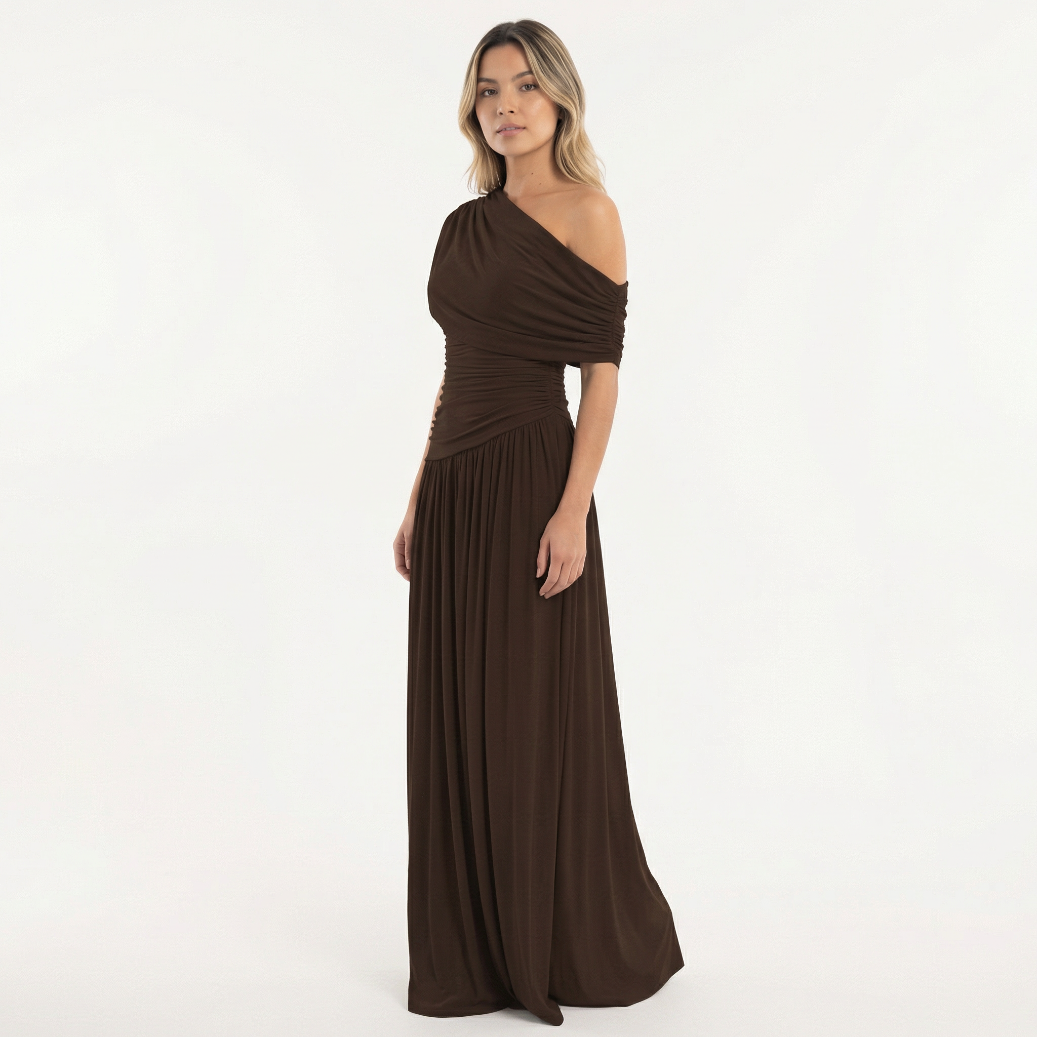 Women's One Shoulder Maxi Dress | Pleated Formal Evening Gown | Asymmetric Party Dress for Weddings and Special Occasions