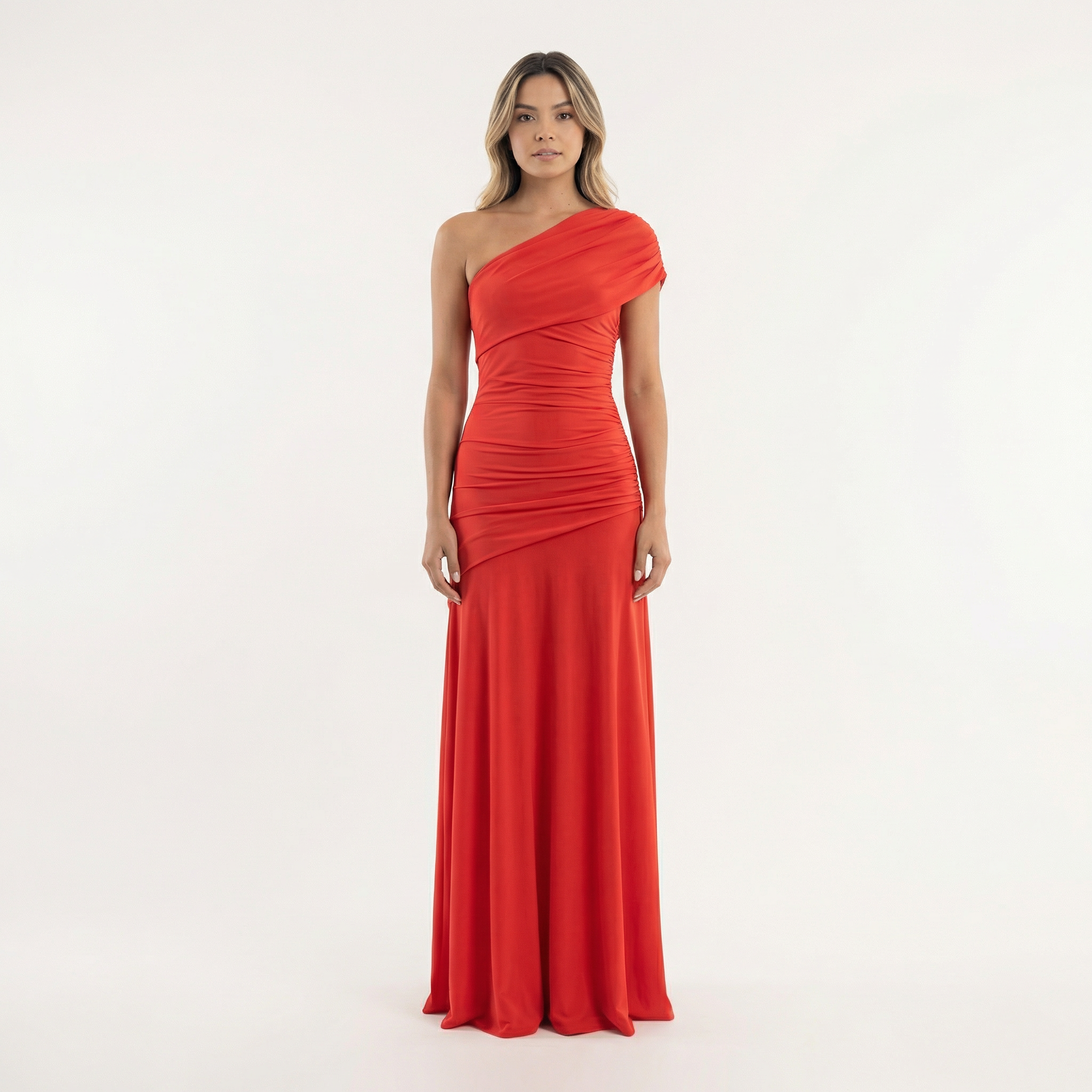 Women's Asymmetric Neck Midi Party Dress with Pleated Tulle Splice Skirt and Open Back Tube Top - Structured Occasion Wear