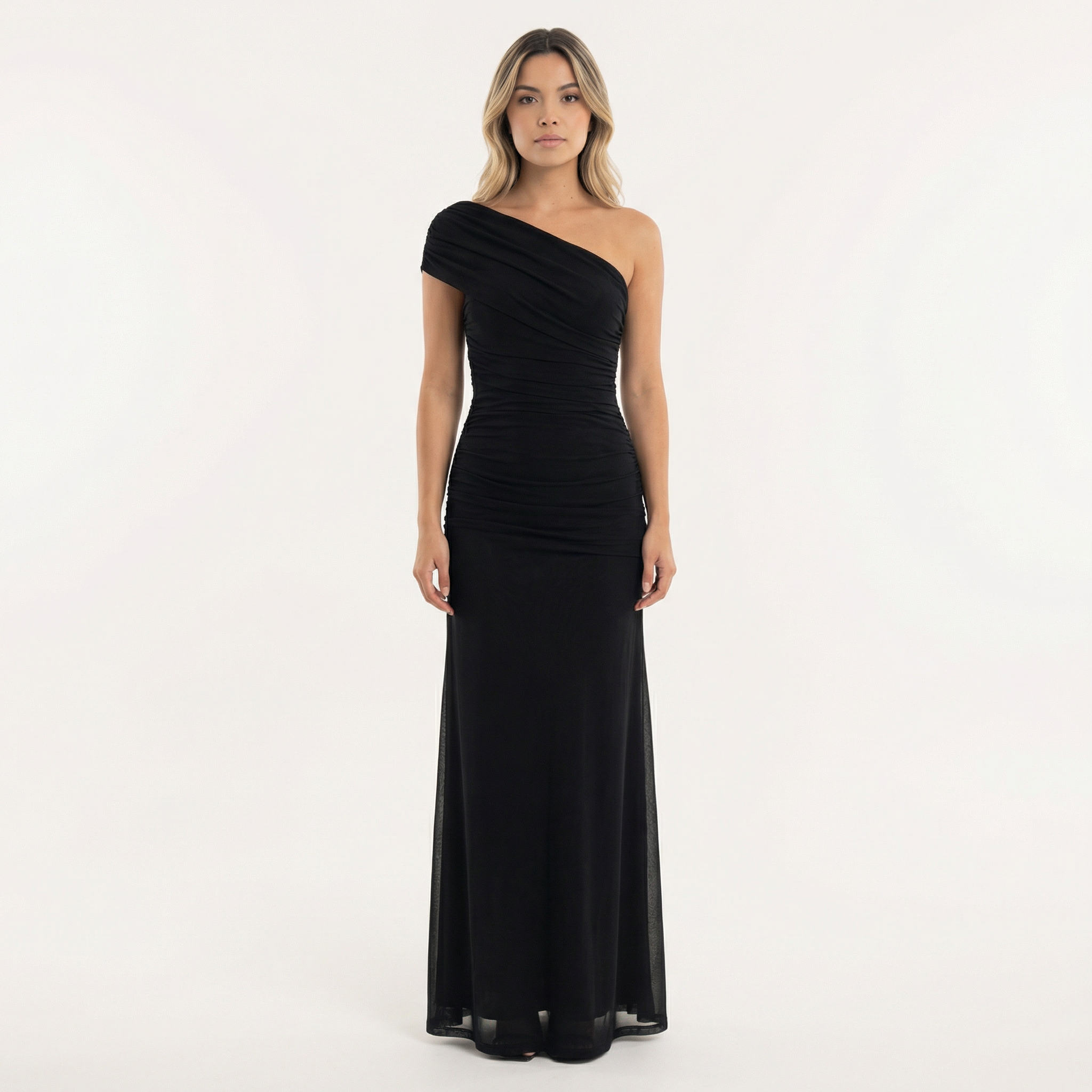 Women's Asymmetric Neck Midi Party Dress with Pleated Tulle Splice Skirt and Open Back Tube Top - Structured Occasion Wear