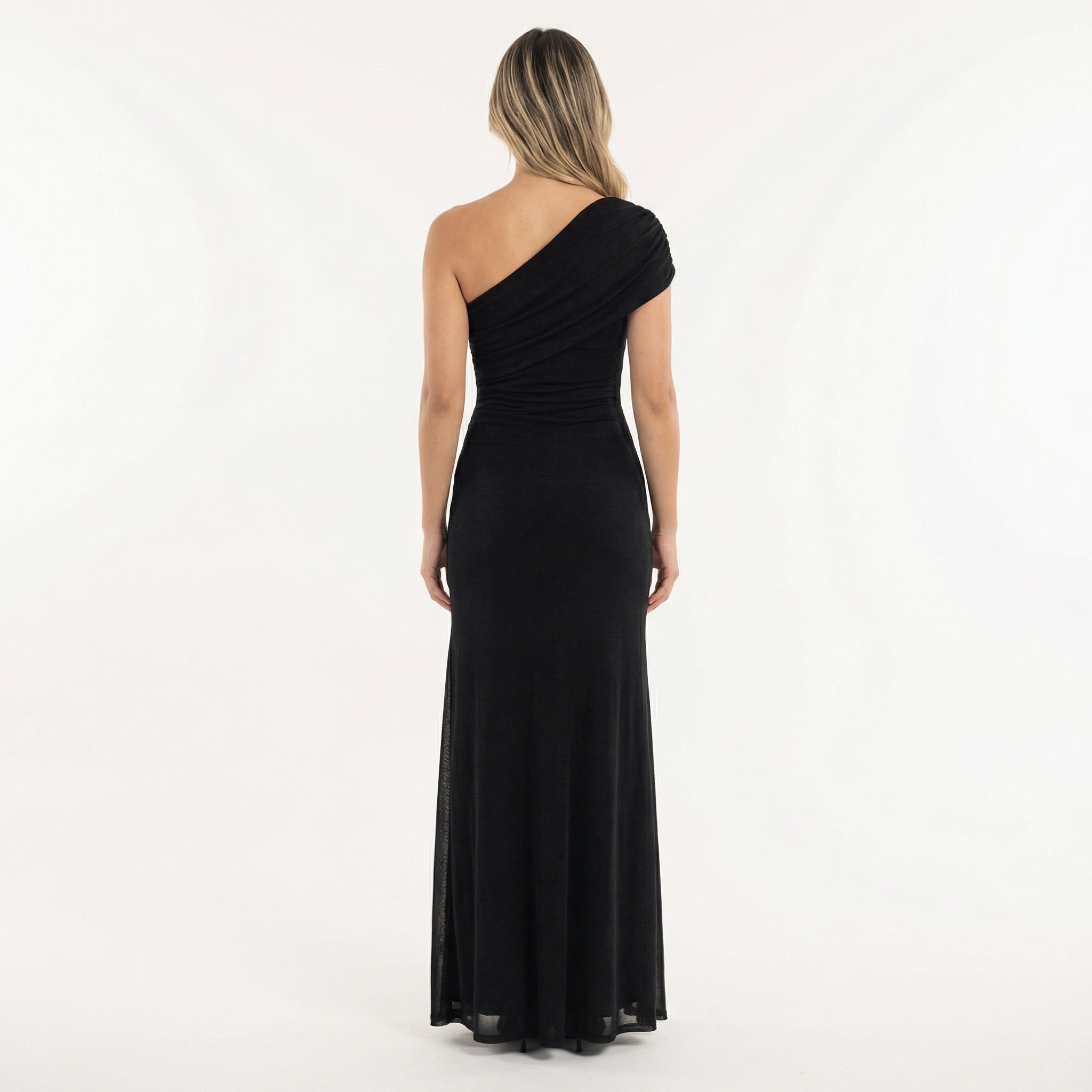 Women's Asymmetric Neck Midi Party Dress with Pleated Tulle Splice Skirt and Open Back Tube Top - Structured Occasion Wear