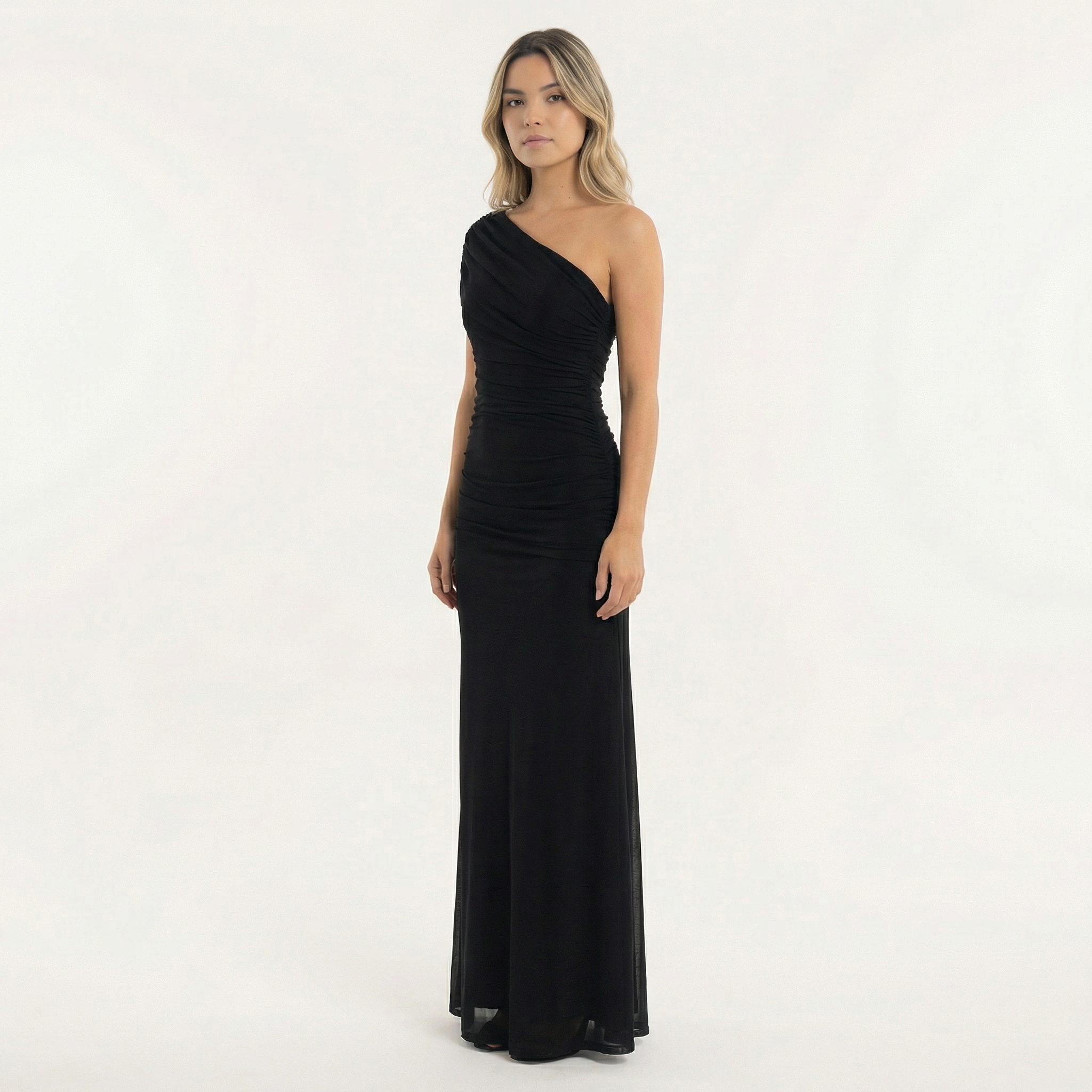 Women's Asymmetric Neck Midi Party Dress with Pleated Tulle Splice Skirt and Open Back Tube Top - Structured Occasion Wear