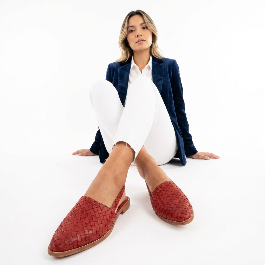 Ortopædiske slingback-sandaler i vævet læder til kvinder | Ergonomiske flade vandresko med svangstøtte og spids tå