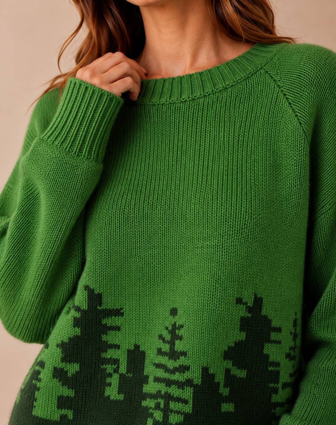 Jersey de punto con estampado forestal para mujer - Jersey de cuello redondo y corte holgado - Prenda de punto informal de manga larga para el día a día