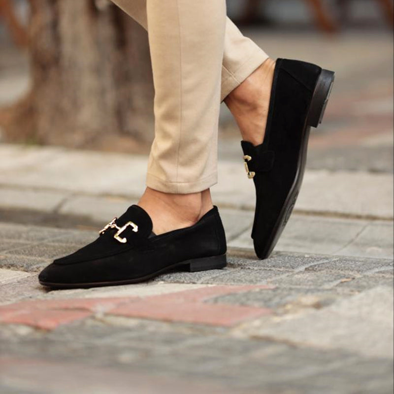 Heren Loafers met Gouden Horsebit Detail en Instapper Neus Zwart