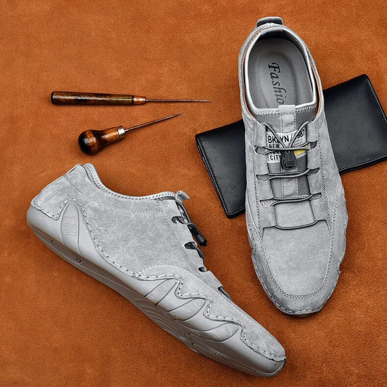 Heren Loafers Slip-on met Trekkoord en Gestructureerde Neus Lichtgrijs