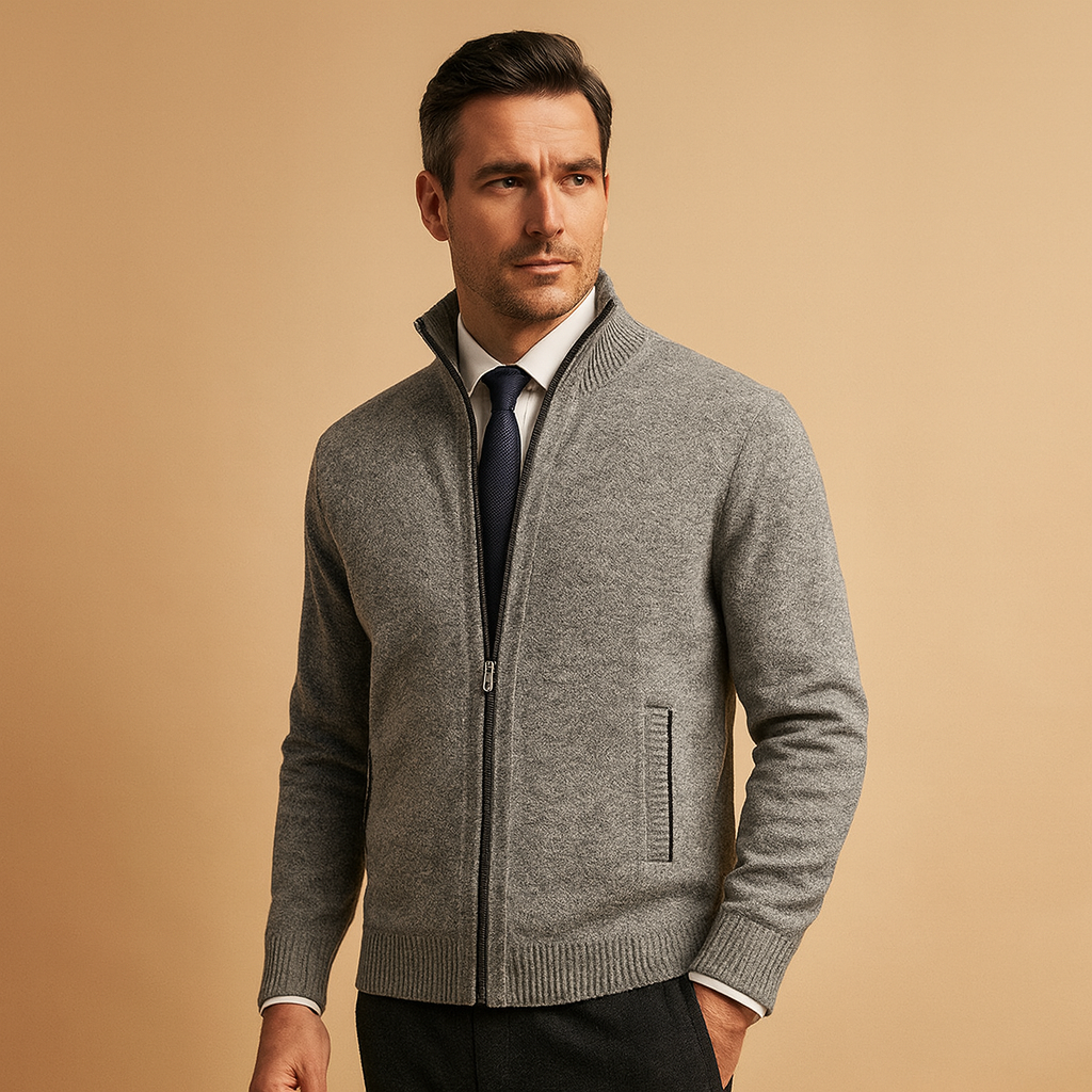 Chaqueta de punto con cremallera para hombre: prenda de punto de estilo elegante e informal con cremallera completa, cuello acanalado y prácticos bolsillos laterales