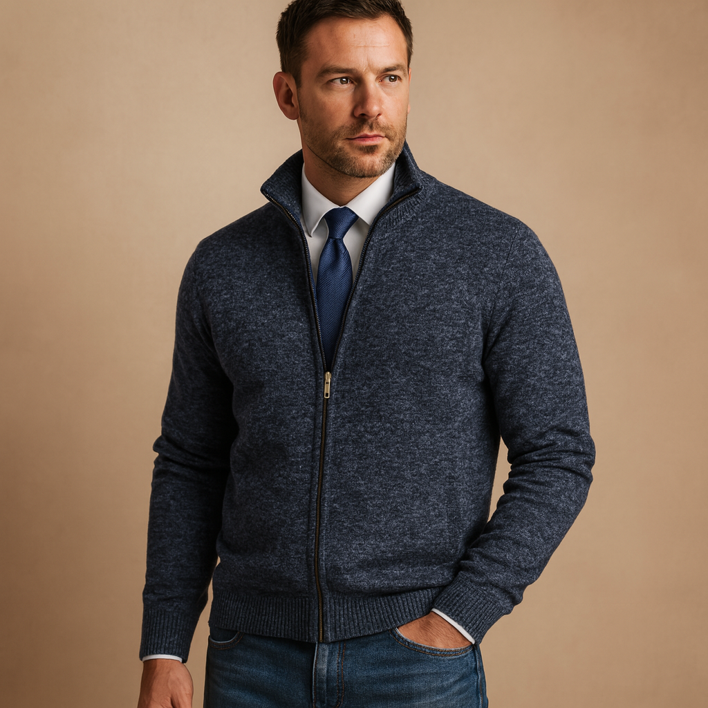 Chaqueta de punto con cremallera para hombre: prenda de punto de estilo elegante e informal con cremallera completa, cuello acanalado y prácticos bolsillos laterales