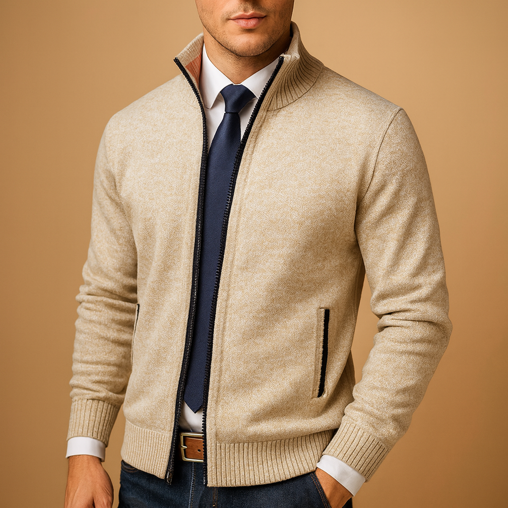 Chaqueta de punto con cremallera para hombre: prenda de punto de estilo elegante e informal con cremallera completa, cuello acanalado y prácticos bolsillos laterales