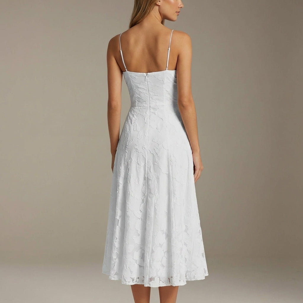 Floral Lace Bridesmaid Dress - Tea-Length A-Line Occasion Dress with Spaghetti Straps and Adjustable Lace-Up Back Detail