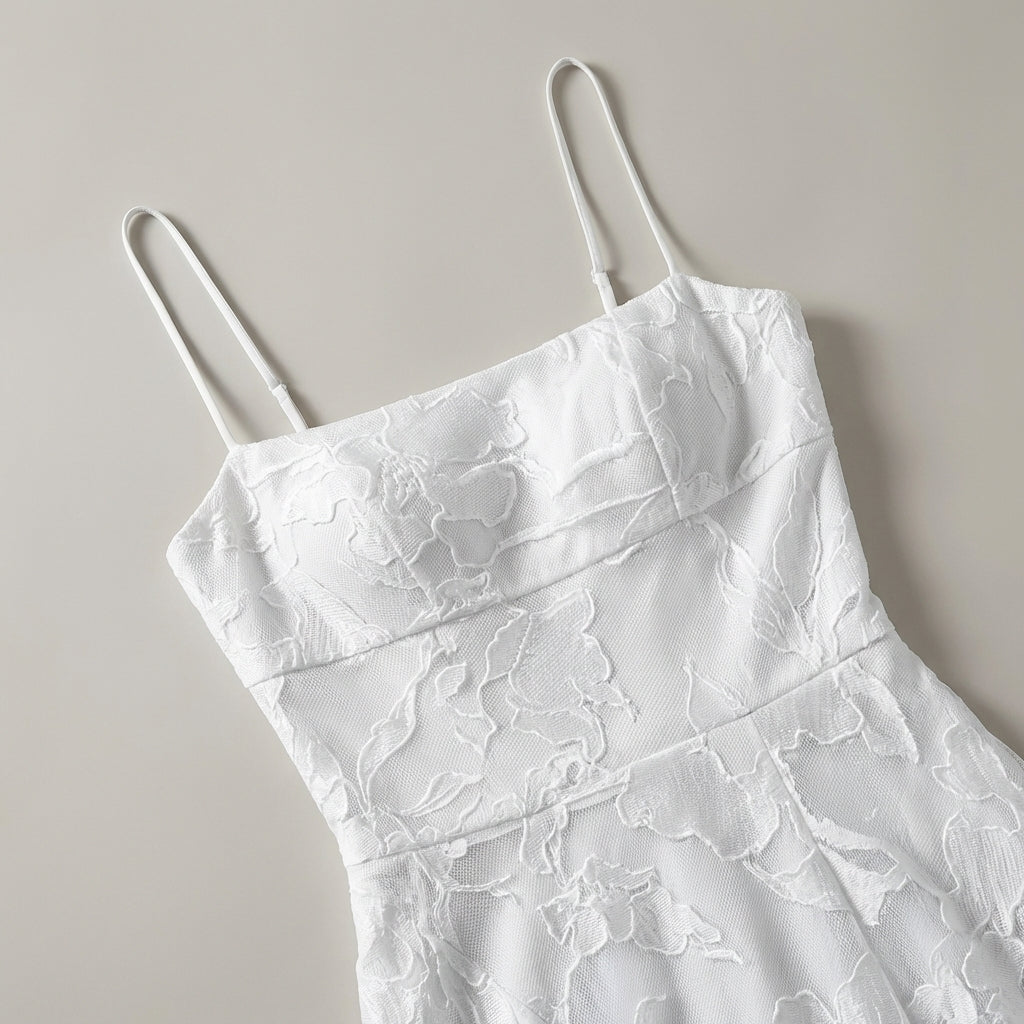 Floral Lace Bridesmaid Dress - Tea-Length A-Line Occasion Dress with Spaghetti Straps and Adjustable Lace-Up Back Detail