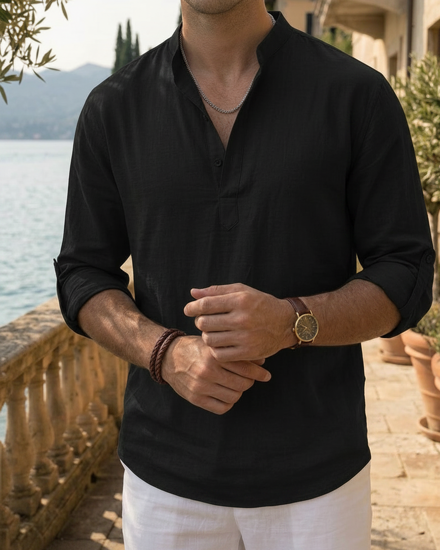 Camisa de hombre de mezcla de lino con cuello mandarín | Camisa de algodón de manga larga con cuello «grandad» | Camiseta informal ligera y transpirable