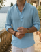 Camisa de hombre de mezcla de lino con cuello mandarín | Camisa de algodón de manga larga con cuello «grandad» | Camiseta informal ligera y transpirable