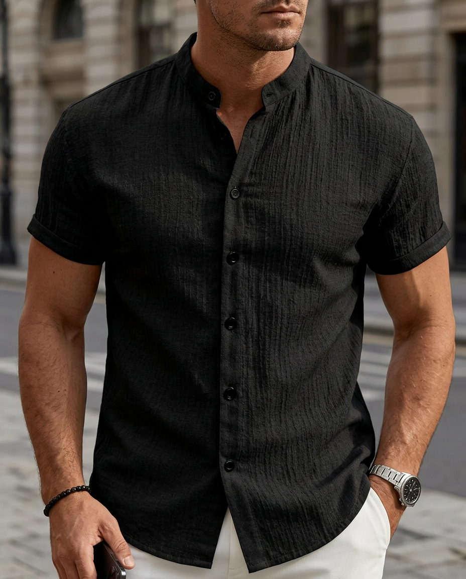 Chemise homme à manches courtes et col mandarin - Chemise d'été légère et décontractée à col bandeau et boutons - Chemise de plage respirante