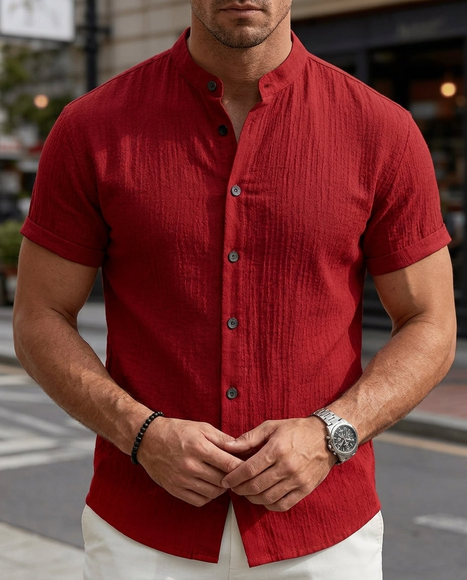 Chemise homme à manches courtes et col mandarin - Chemise d'été légère et décontractée à col bandeau et boutons - Chemise de plage respirante