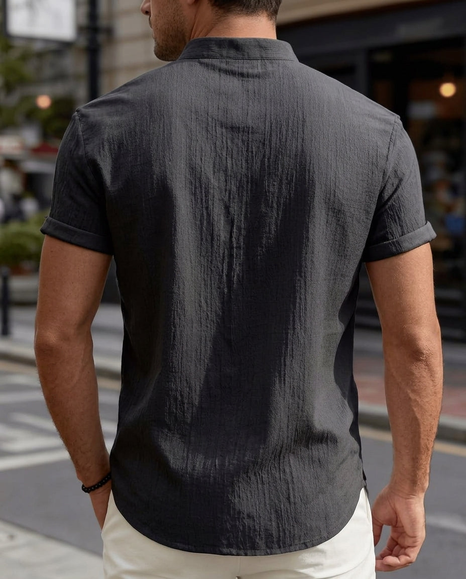 Chemise homme à manches courtes et col mandarin - Chemise d'été légère et décontractée à col bandeau et boutons - Chemise de plage respirante