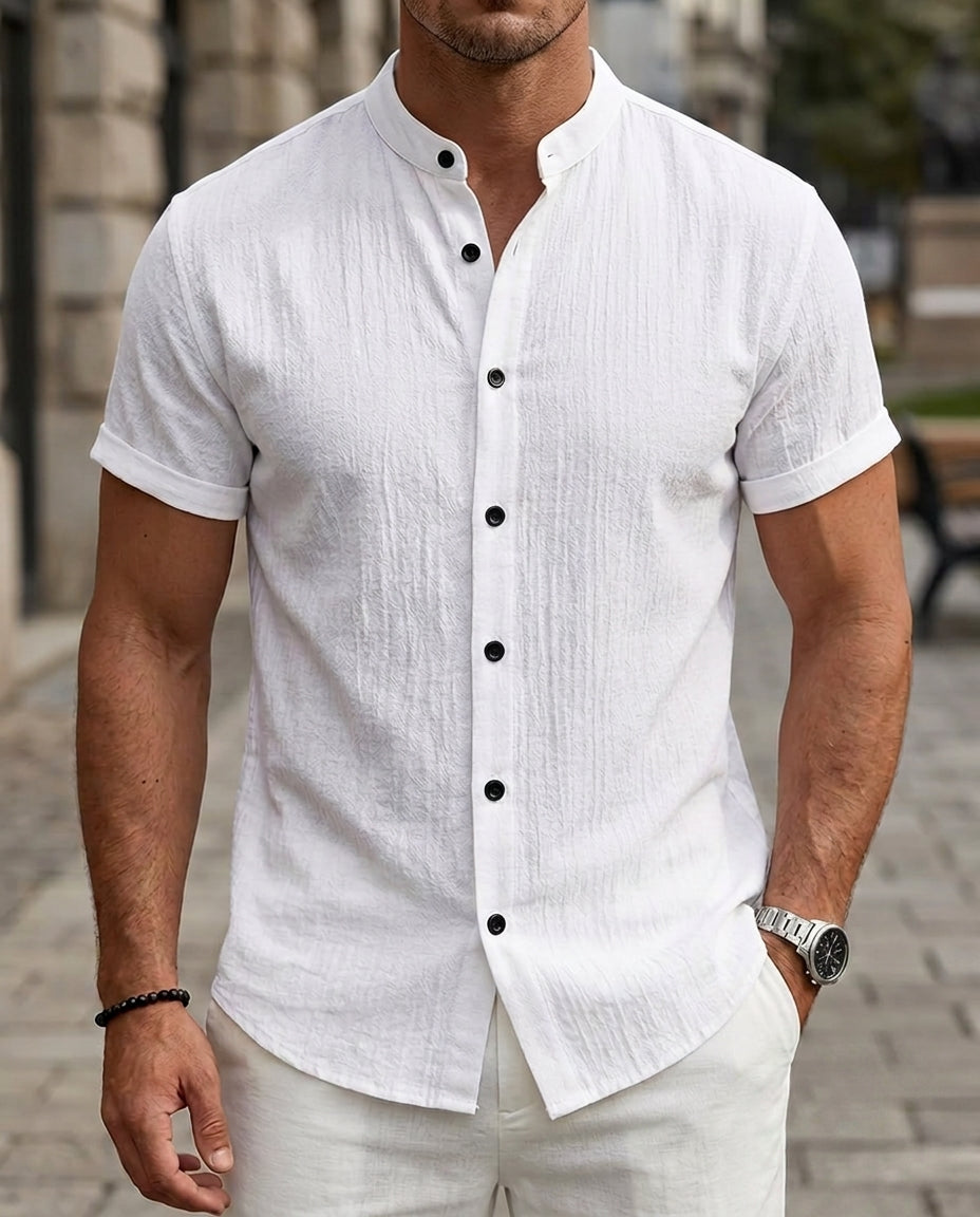 Chemise homme à manches courtes et col mandarin - Chemise d'été légère et décontractée à col bandeau et boutons - Chemise de plage respirante