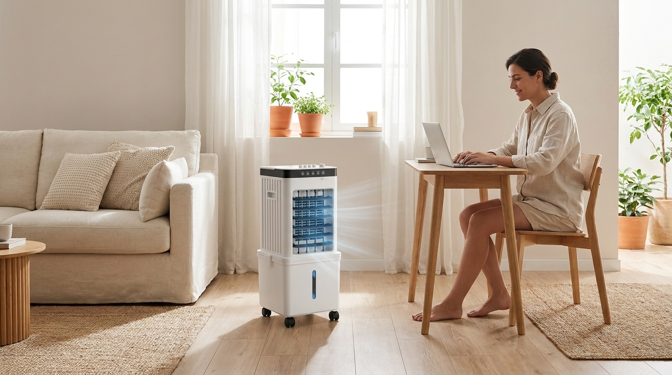 Raffreddatore d'aria portatile 3 in 1 con ventilatore a raffreddamento evaporativo, telecomando e sacchetti di ghiaccio – Alternativa al condizionatore portatile