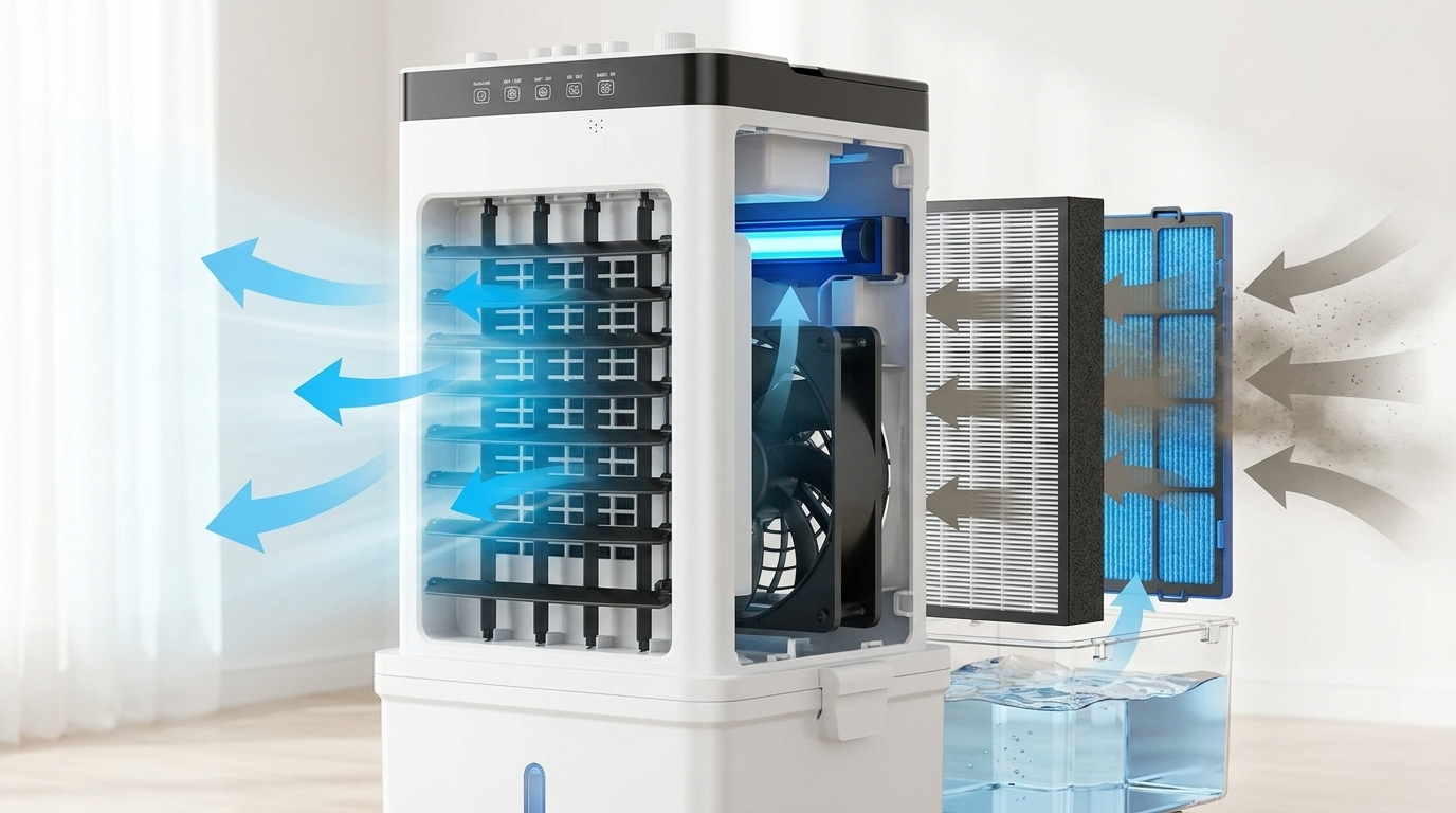 Climatiseur portable 3-en-1 | Ventilateur à refroidissement par évaporation avec télécommande et blocs réfrigérants | Appareil mobile silencieux ne nécessitant pas de tuyau d'évacuation