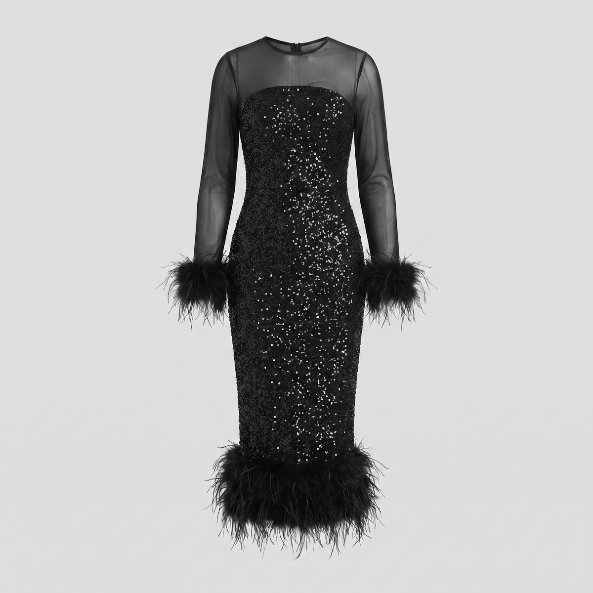 Vestido midi de mujer con lentejuelas y bajo con ribete de plumas | Vestido de noche de malla de manga larga para fiestas de Navidad y eventos festivos
