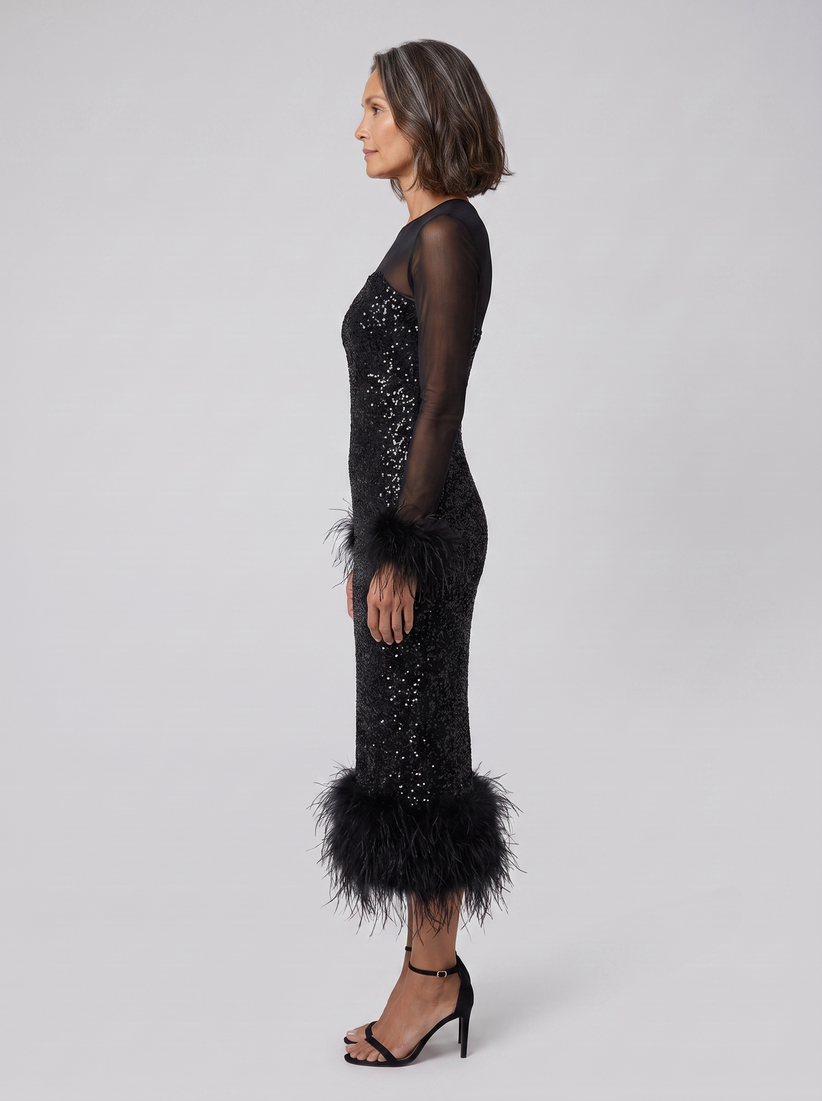 Vestido midi de mujer con lentejuelas y bajo con ribete de plumas | Vestido de noche de malla de manga larga para fiestas de Navidad y eventos festivos