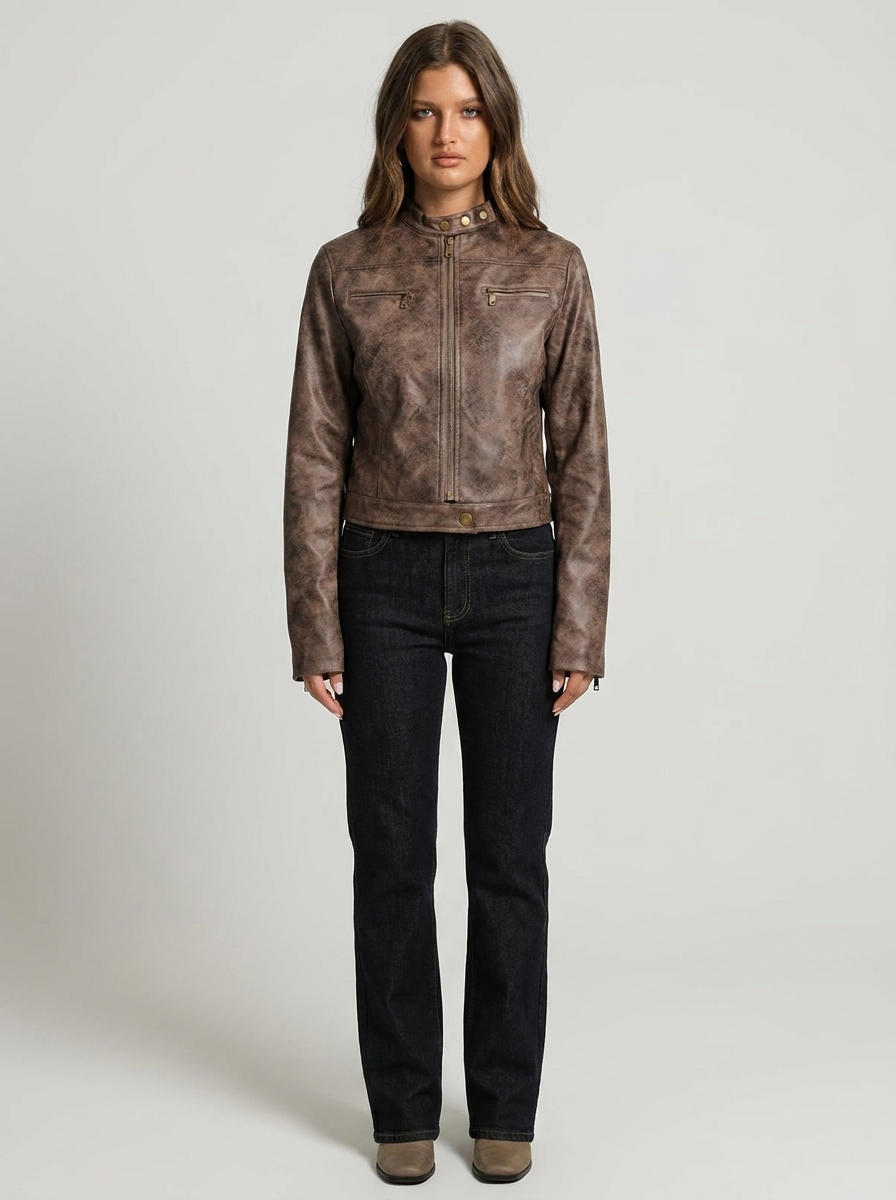 Veste en simili cuir pour femme | Style motard court | Veste ajustée à col montant et fermeture éclair sur le devant | Vêtement d'extérieur polyvalent pour la mi-saison