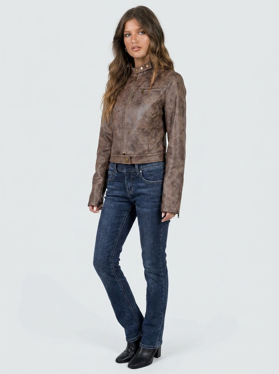 Veste en simili cuir pour femme | Style motard court | Veste ajustée à col montant et fermeture éclair sur le devant | Vêtement d'extérieur polyvalent pour la mi-saison