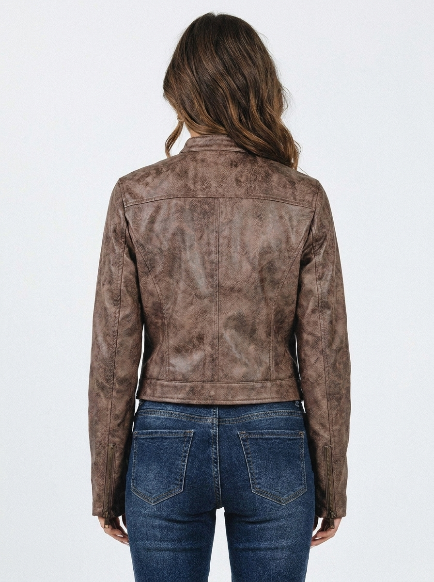 Veste en simili cuir pour femme | Style motard court | Veste ajustée à col montant et fermeture éclair sur le devant | Vêtement d'extérieur polyvalent pour la mi-saison