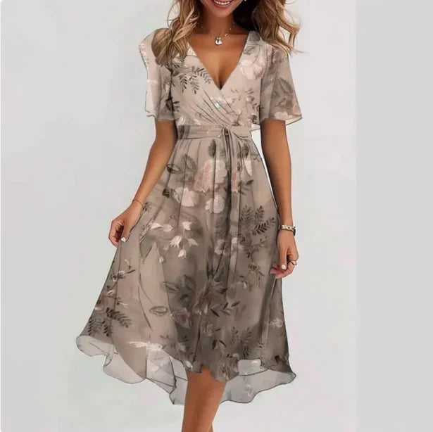 Vestido de verano midi de mujer con cuello en V: vestido informal de manga corta para el día a día, ideal tanto para el trabajo como para eventos sociales; corte versátil y ligero