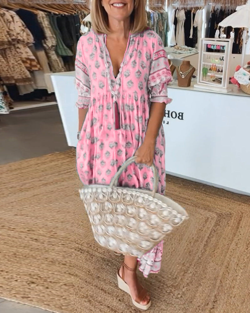 Robe mi-longue bohème pour femme | Robe décontractée à col en V et volants, avec manches bouffantes | Coupe ample et matière légère, idéale pour un look estival au quotidien