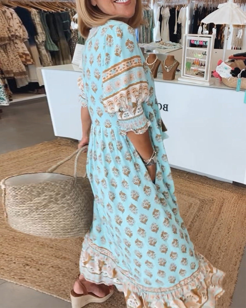 Robe mi-longue bohème pour femme | Robe décontractée à col en V et volants, avec manches bouffantes | Coupe ample et matière légère, idéale pour un look estival au quotidien