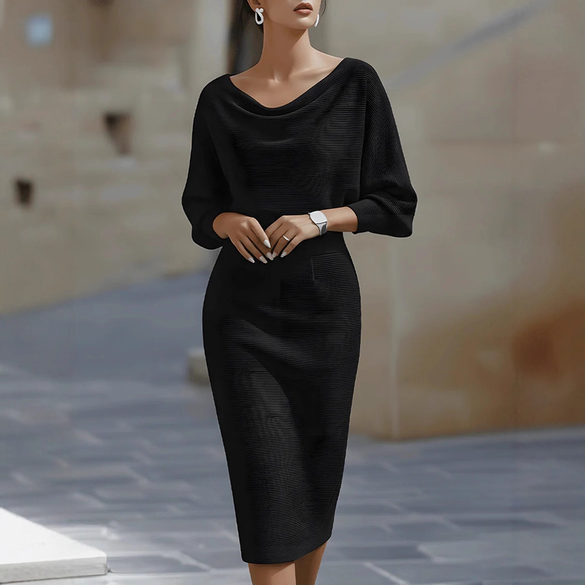 Women's Batwing Sleeve Midi Dress with Cowl Neck | Fitted Sheath Midi Dress for Work, Cocktails, and Formal Events