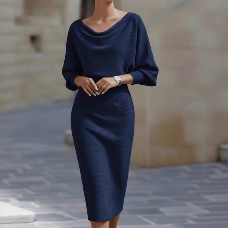 Women's Batwing Sleeve Midi Dress with Cowl Neck | Fitted Sheath Midi Dress for Work, Cocktails, and Formal Events