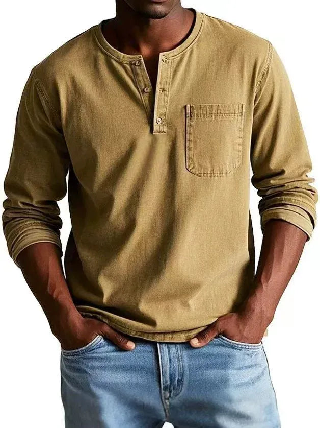 Cămașă Henley cu mâneci lungi pentru bărbați | Bluză casual din amestec de bumbac cu finisaj vintage spălat, cu buzunar la piept și croială lejeră, cu guler cu nasturi