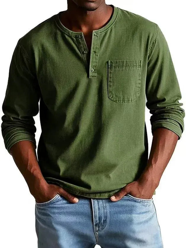 Cămașă Henley cu mâneci lungi pentru bărbați | Bluză casual din amestec de bumbac cu finisaj vintage spălat, cu buzunar la piept și croială lejeră, cu guler cu nasturi