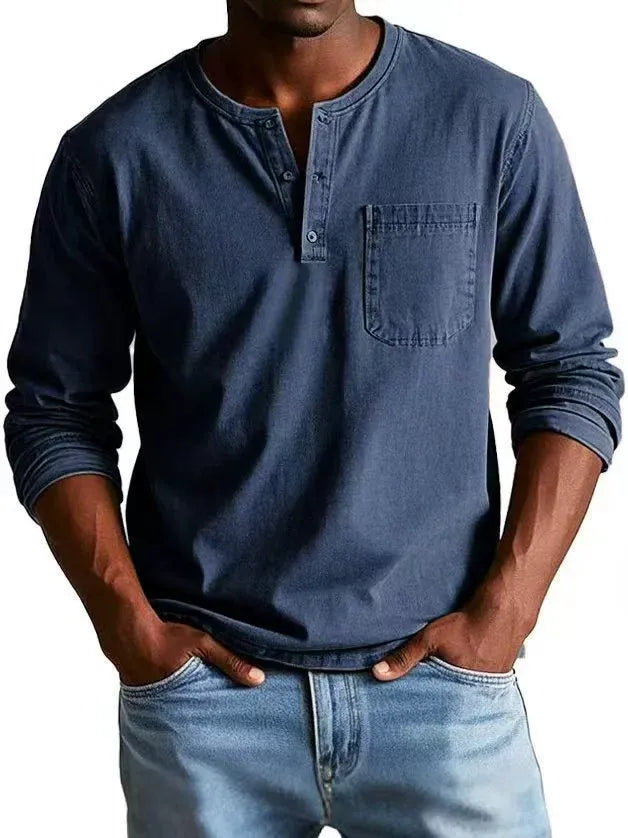 Cămașă Henley cu mâneci lungi pentru bărbați | Bluză casual din amestec de bumbac cu finisaj vintage spălat, cu buzunar la piept și croială lejeră, cu guler cu nasturi
