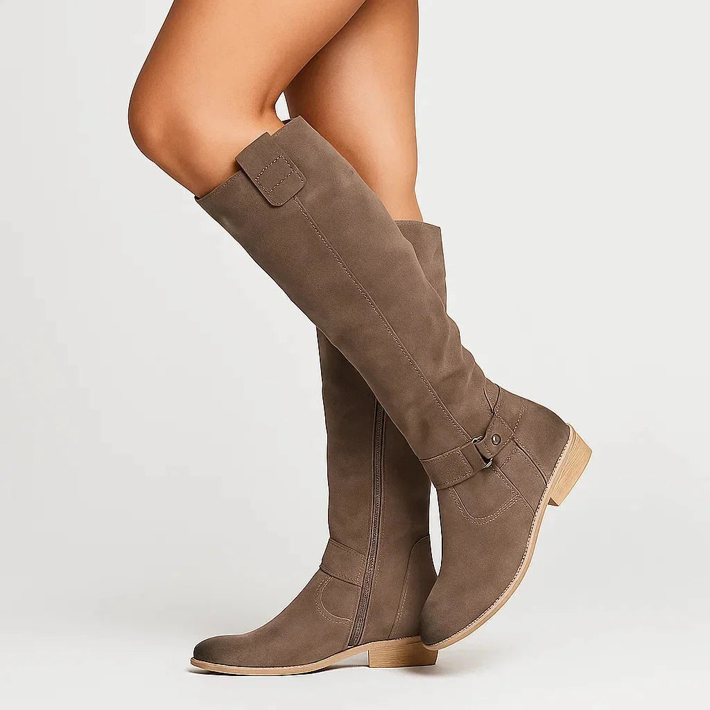 Knee-high suede boots with block heel for women in Brown