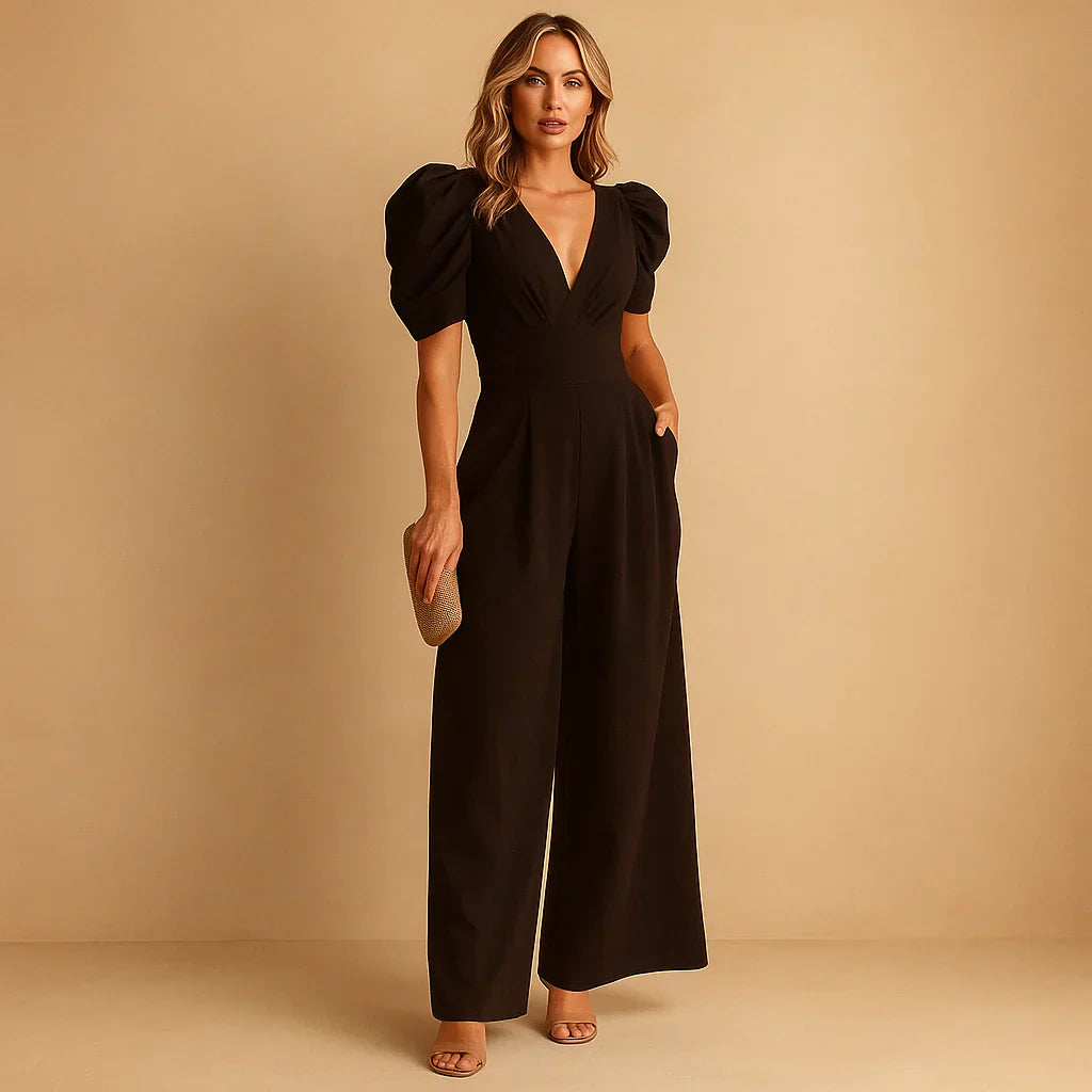 Formel jumpsuit til kvinder med pufærmer | Skræddersyet lang aftenjumpsuit til særlige lejligheder og gallafester | Tætsiddende design